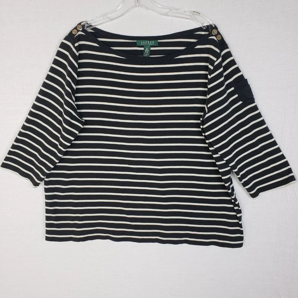Vintage Ralph Lauren Top Pullover Nautical Black White Breton Stripe Crest sz 2X